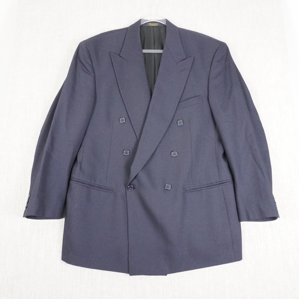 VTG Pierre Cardin Men's Double Breasted Blazer Navy Blue Pinstriped • USA • 42R